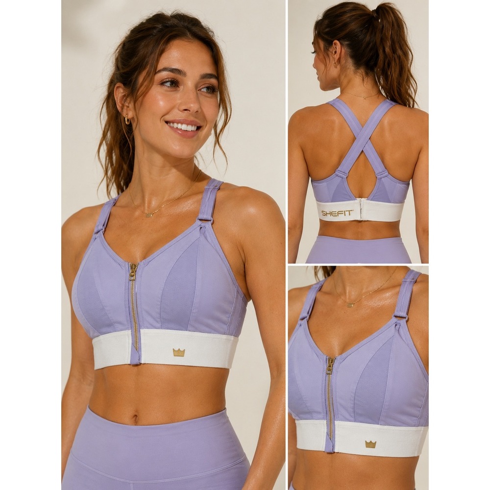 SHEFIT Ultimate Sports Bra Womens Luxe Lavender Purple High Impact Front Zip